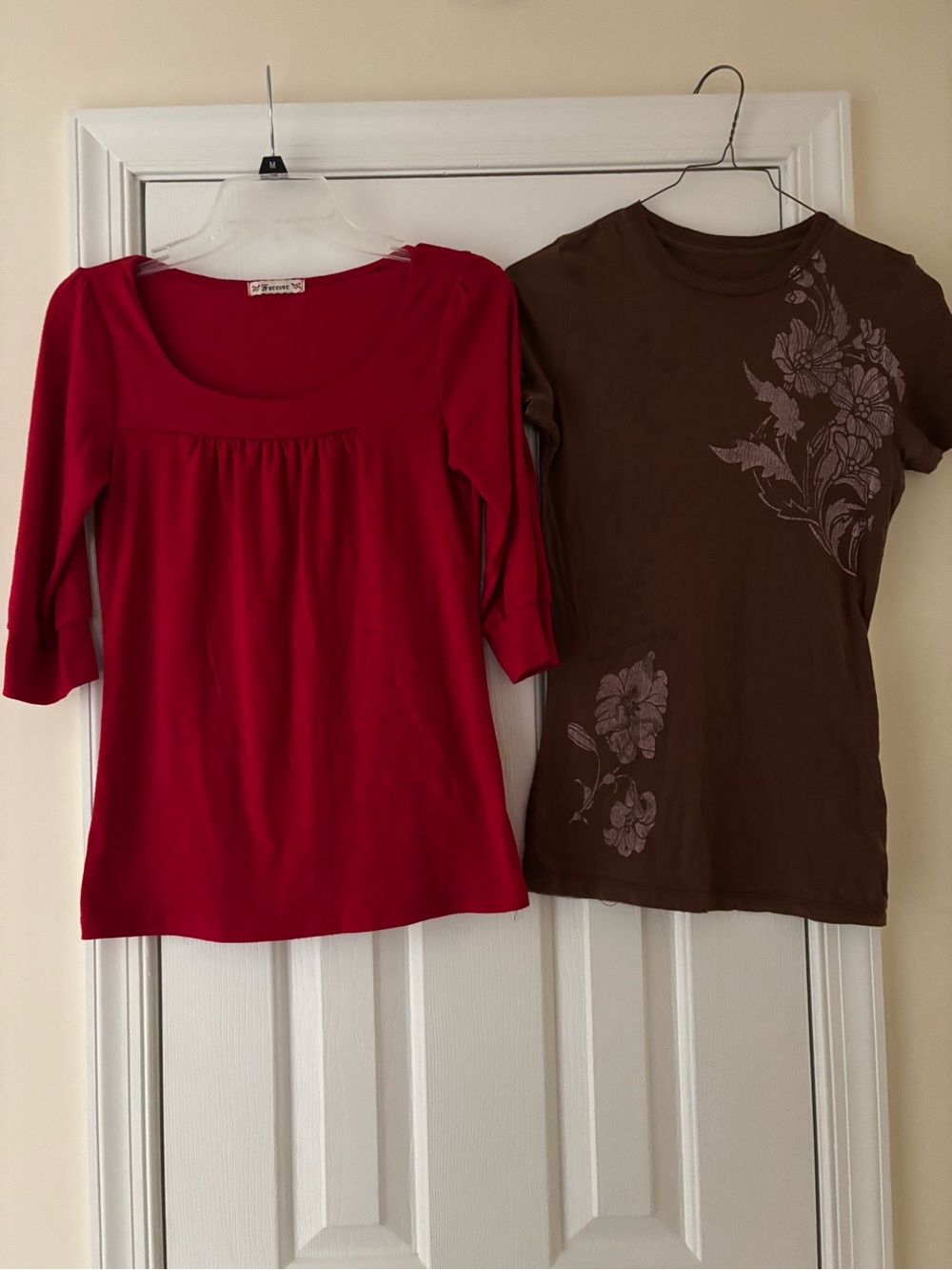 Red Scoop Neck Top & Brown Floral Tee - Two Size Small Tops